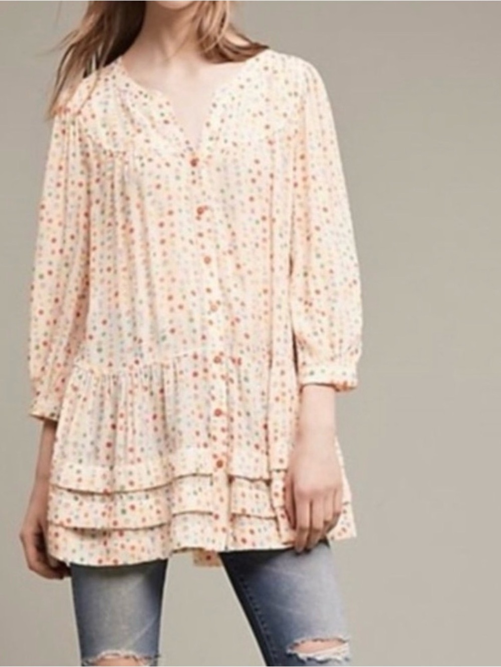 Anthropologie Maeve‎ Paccia Tunic Top Button-Front Geometric Pattern Size Large